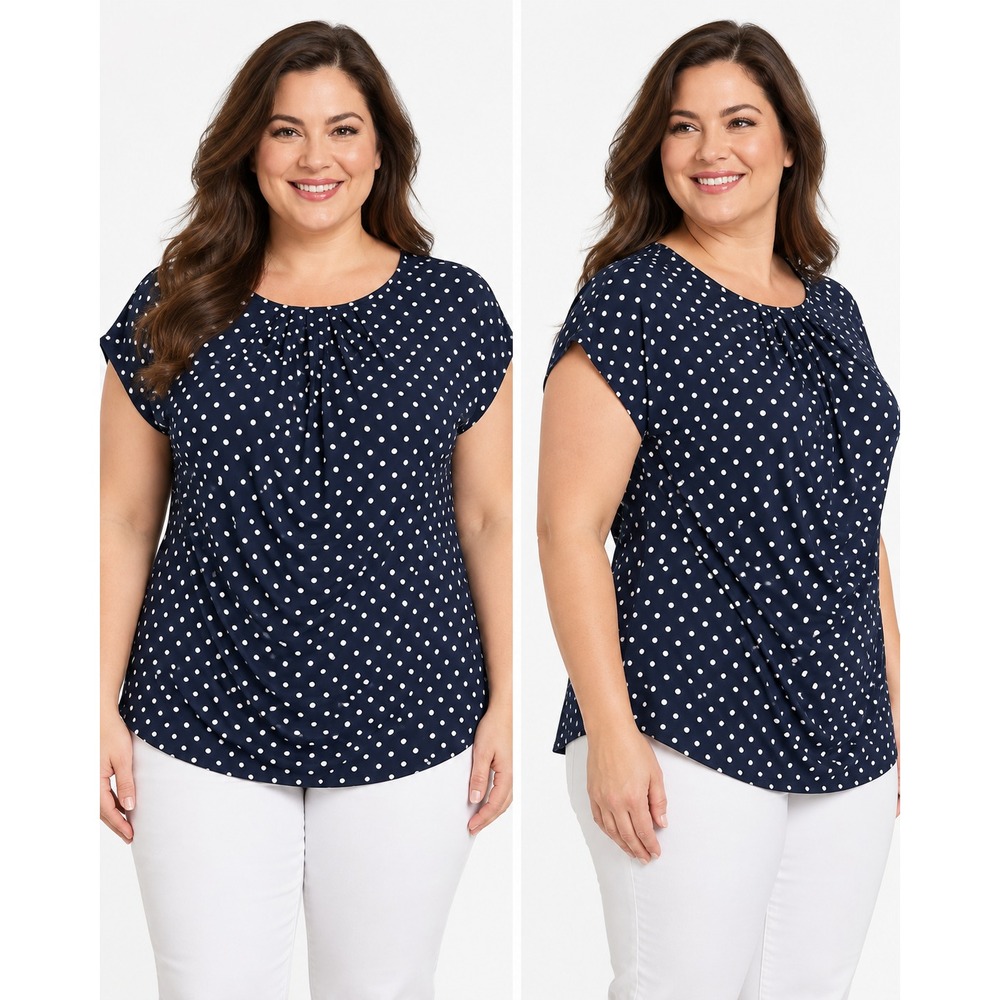 Chaps 1X NWT Blouse Navy Pearl Polka Dot Pleated Scoop Neck Cap Sleeve Stretch